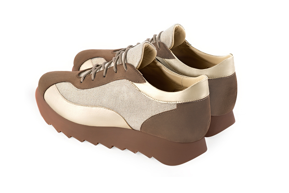 Chocolate brown and gold women's two-tone elegant sneakers. Round toe. Low rubber soles. Rear view - Florence KOOIJMAN